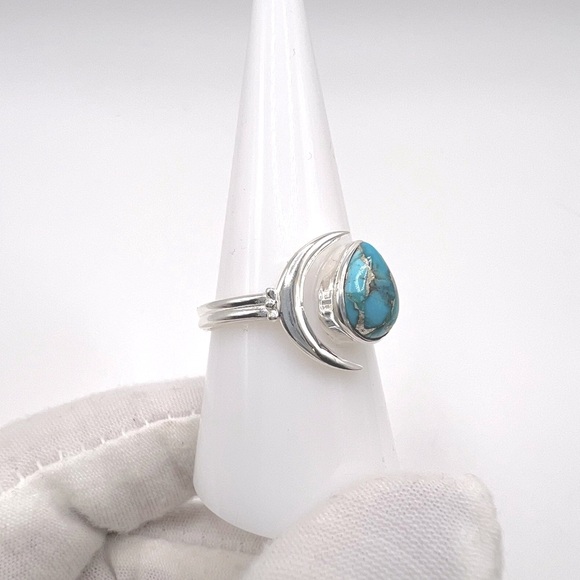 Genuine Copper Turquoise .925 Sterling Silver Moon Teardrop Ring - Picture 3 of 15